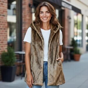 Kristen Blake Size M Brown Faux Fur Hooded Sleeveless Vest A002